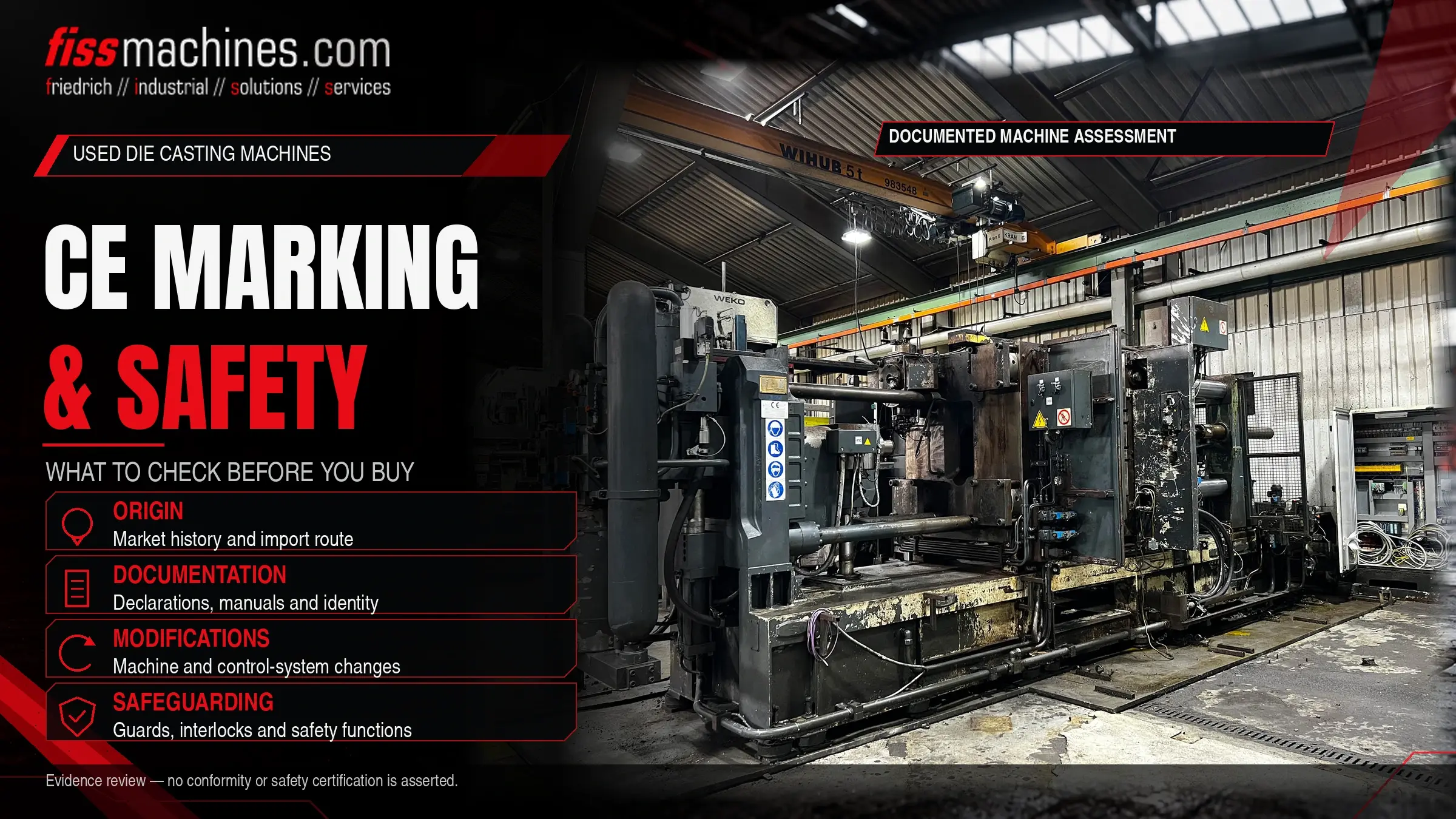 CE marking and safety cover with a real used die casting machine and four buyer assessment areas.