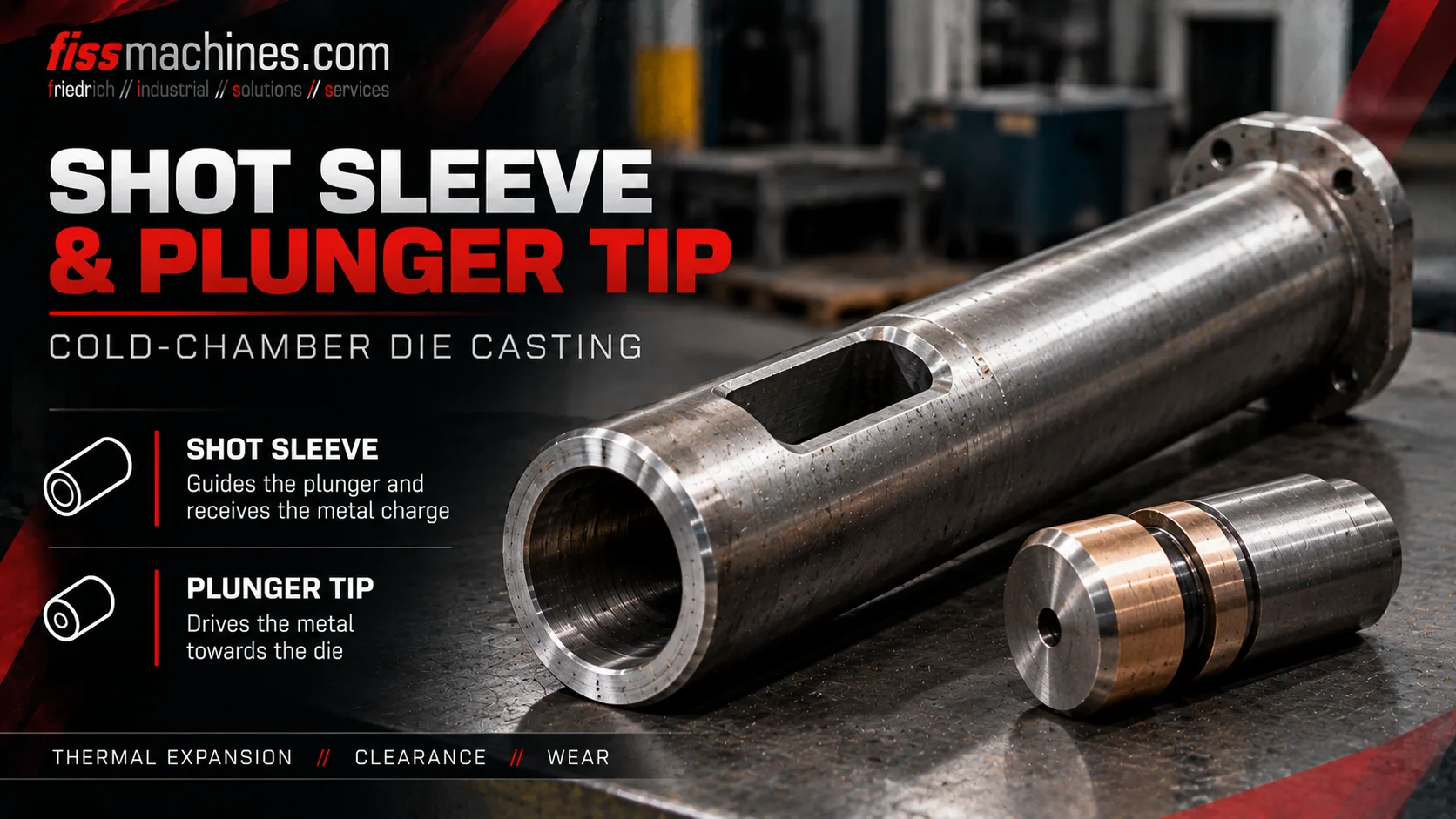 Illustration of a shot sleeve and plunger tip used in cold-chamber die casting.